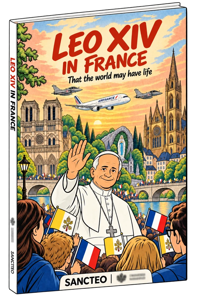 Mockup of Leo XIV in France: the Pope waves to a crowd with French and Vatican flags, beneath an Airbus escorted by two Rafale jets, in a vintage Franco-Belgian comic style. Sancteo logo and a blurred publisher logo on the cover and the spine.