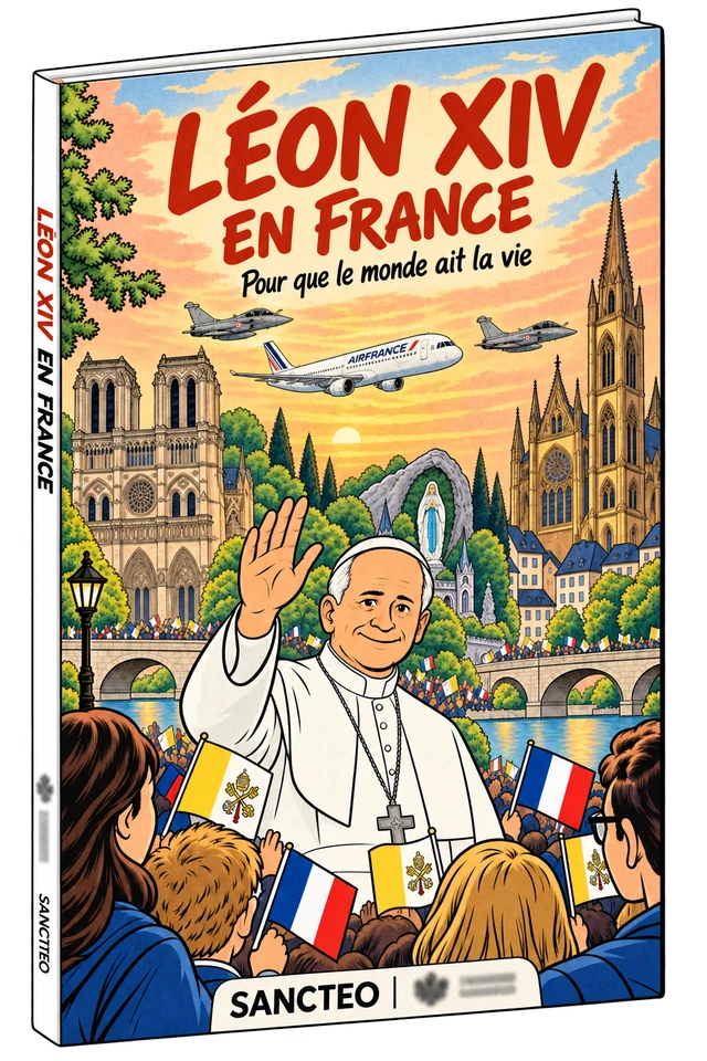 Maquette de Léon XIV en France : le pape salue une foule aux drapeaux français et du Vatican, sous un Airbus escorté par deux Rafale, dans un style franco-belge vintage. Logos Sancteo et éditeur flouté sur la couverture et la tranche.