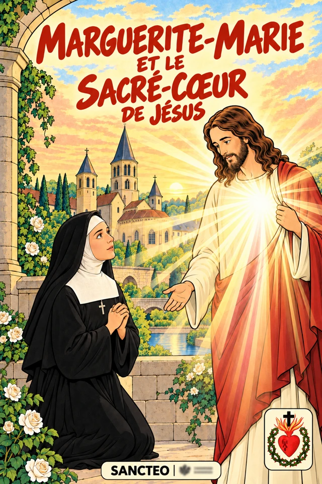 Couverture provisoire de la bande dessinée « Marguerite-Marie et le Sacré-Cœur de Jésus » : la sainte en prière devant Jésus, un halo blanc-or rayonnant de sa poitrine.