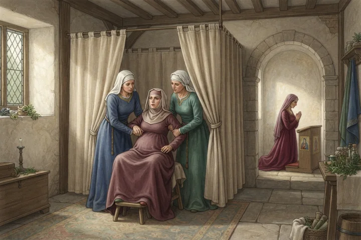 Mulheres acompanham um parto em um quarto medieval enquanto um familiar reza.