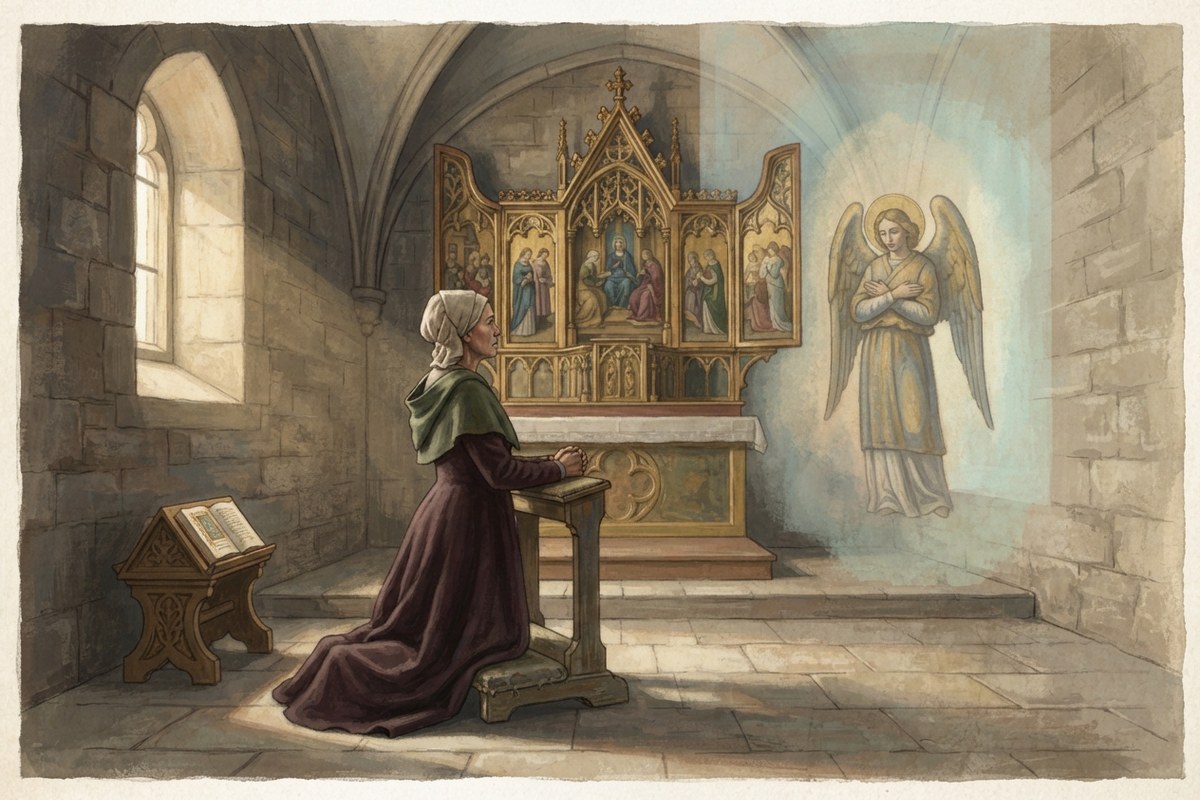 Une personne en prière percoit une apparition dans une chapelle silencieuse.