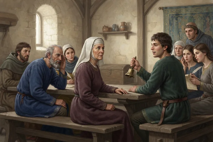 Duas pessoas recuperam simbolicamente a audição e a fala no meio de uma assembleia medieval.