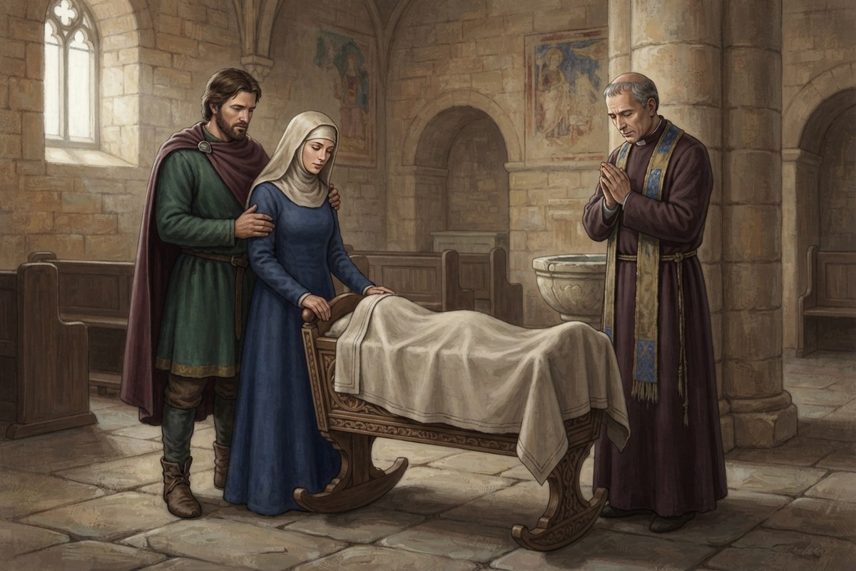 Des parents et un pretre se recueillent près d'un berceau et de fonts baptismaux.