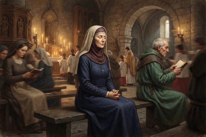 Uma pessoa permanece absorvida na oração durante uma liturgia.