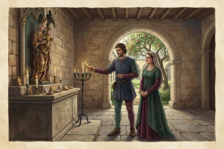 Um casal acende uma vela em um santuário associado à esperança de um filho.