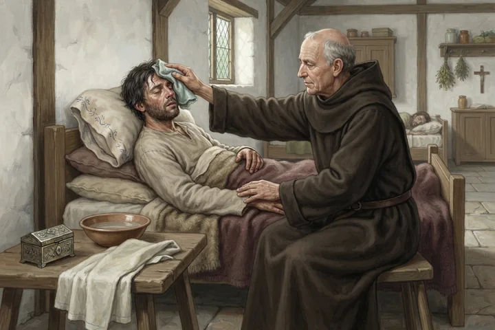 Uma pessoa febril descansa em uma enfermaria monástica perto de uma relíquia.
