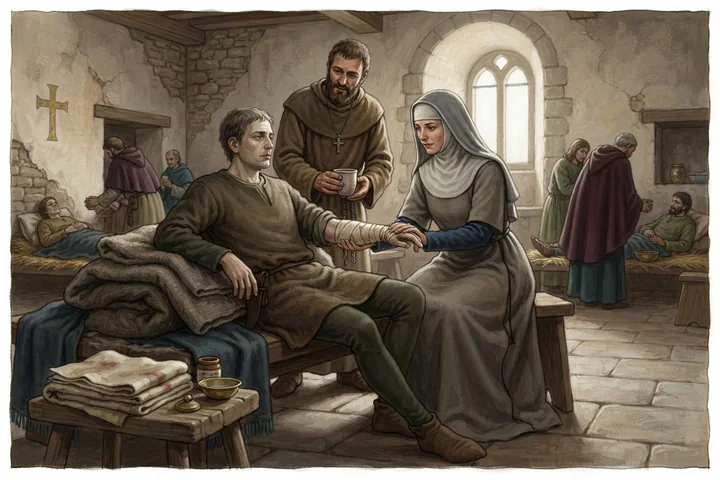 Uma pessoa vítima de um sangramento é cuidada em um hospício medieval.