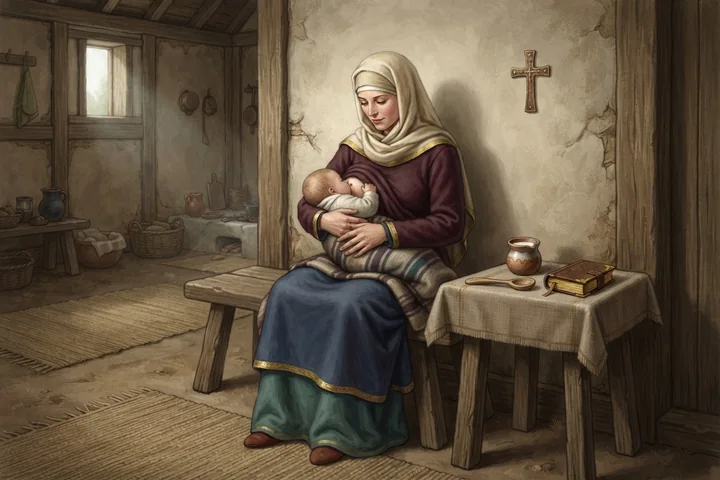 Uma mãe amamenta seu filho em um interior medieval sóbrio.