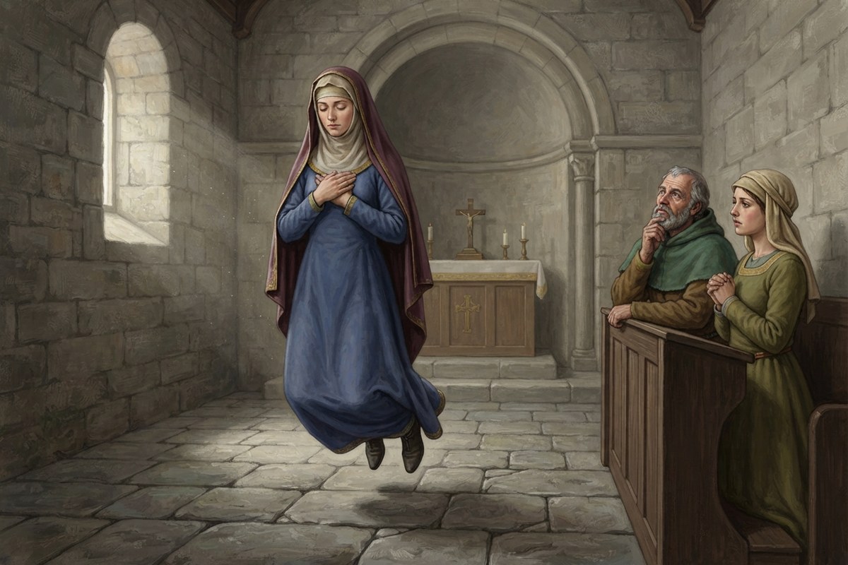 Une personne en prière est légèrement élevée au-dessus du sol d'une chapelle.