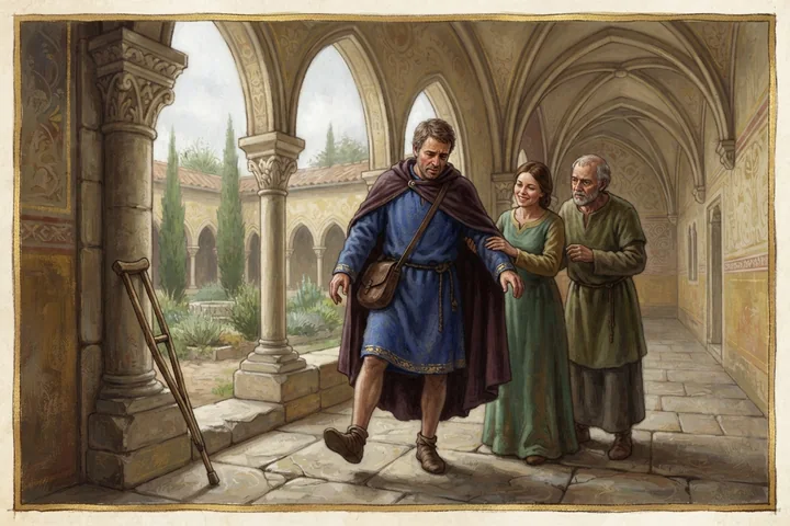 Uma pessoa dá seus primeiros passos em um claustro românico, cercada de testemunhas.