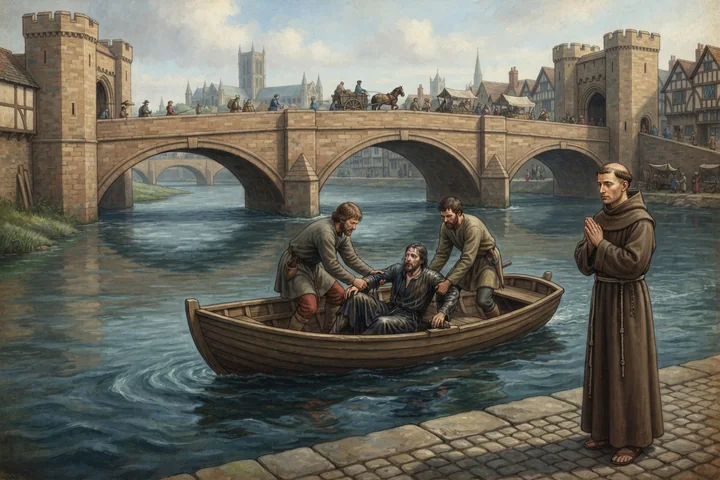 Uma pessoa é socorrida em um rio sob uma ponte medieval.