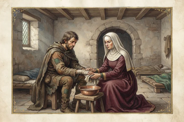 Um cuidador acolhe uma pessoa atingida por uma doença de pele em um hospício medieval.