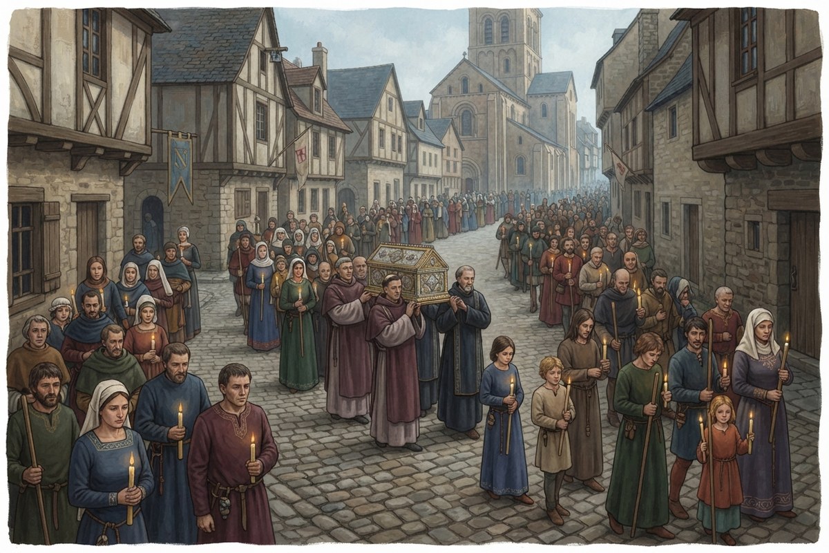 Une procession traverse une ville médiévale pendant une épidémie.