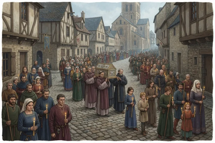 Uma procissão atravessa uma cidade medieval durante uma epidemia.