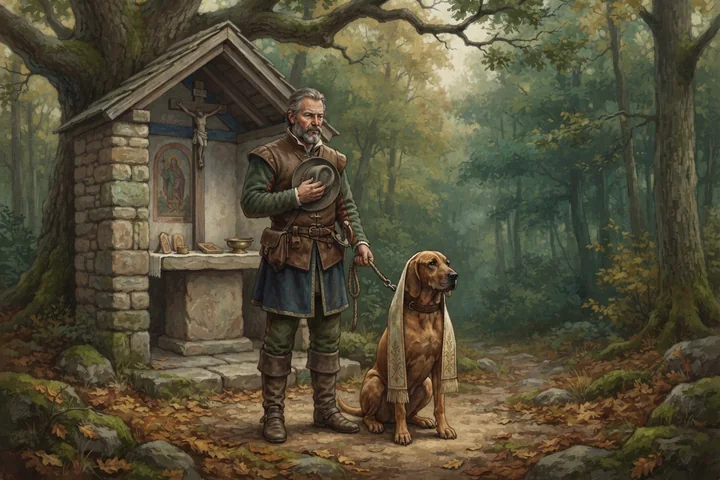 Um caçador e seu cão estão perto de um santuário antigo associado à raiva.