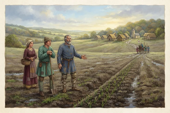 Cultivadores observam um campo reverdecido após a chuva.