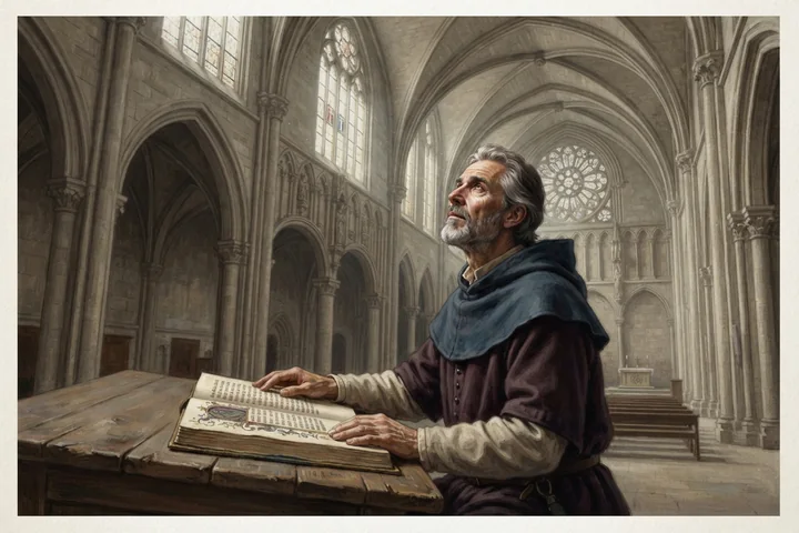 Um religioso interrompe sua leitura como se ouvisse uma voz em uma capela vazia.