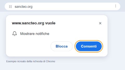 Esempio ricreato della richiesta di Chrome. Il browser ti chiederà il permesso di ricevere le nostre novità. Clicca su «Consenti» in quella finestra.
