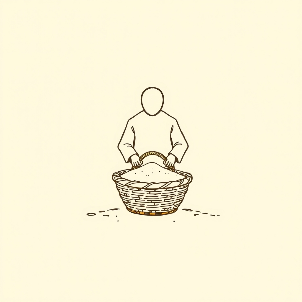 panier de sable devant lui