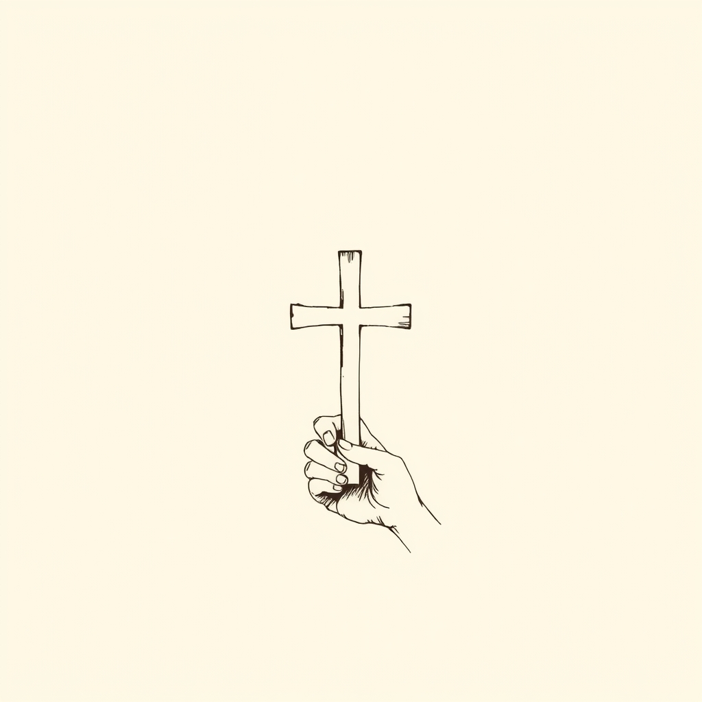 cross in his left hand