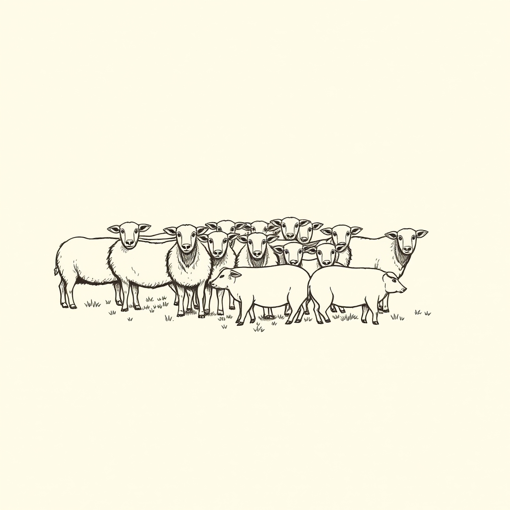 flock of sheep and pigs