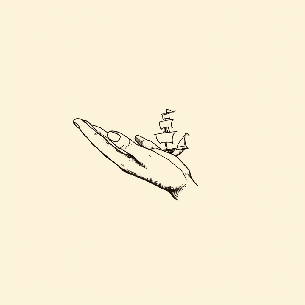 hand extended towards ships/galleys