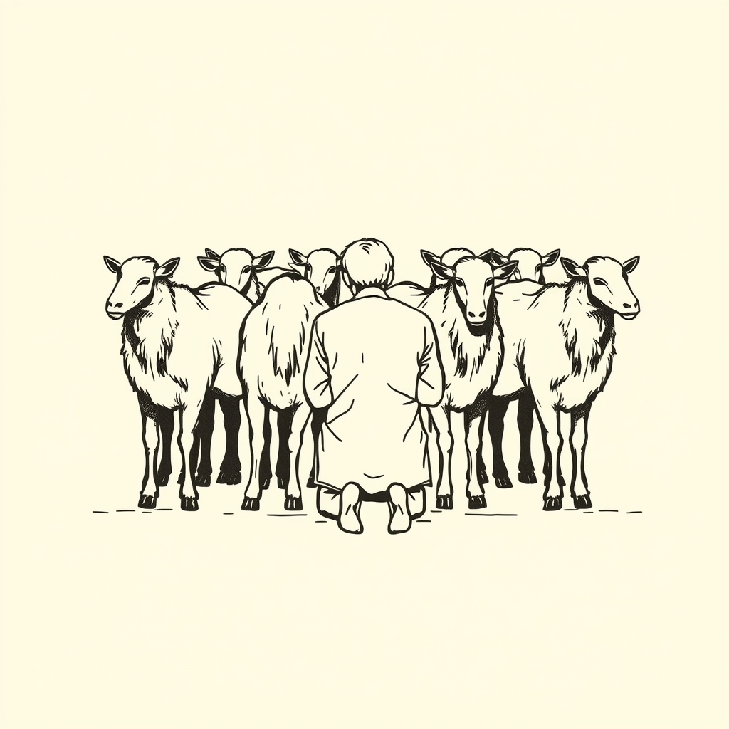 kneeling in the middle of a herd