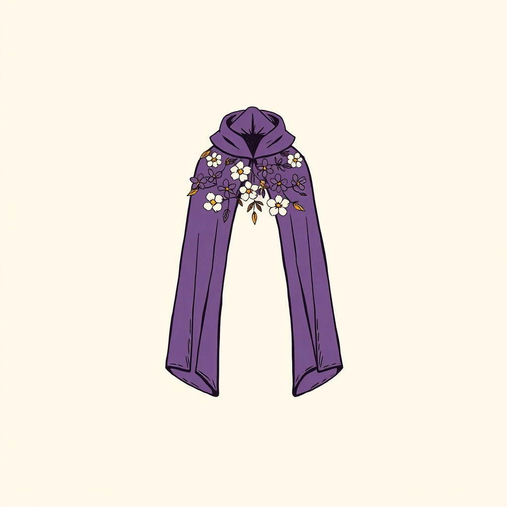 purple cloak strewn with flowers