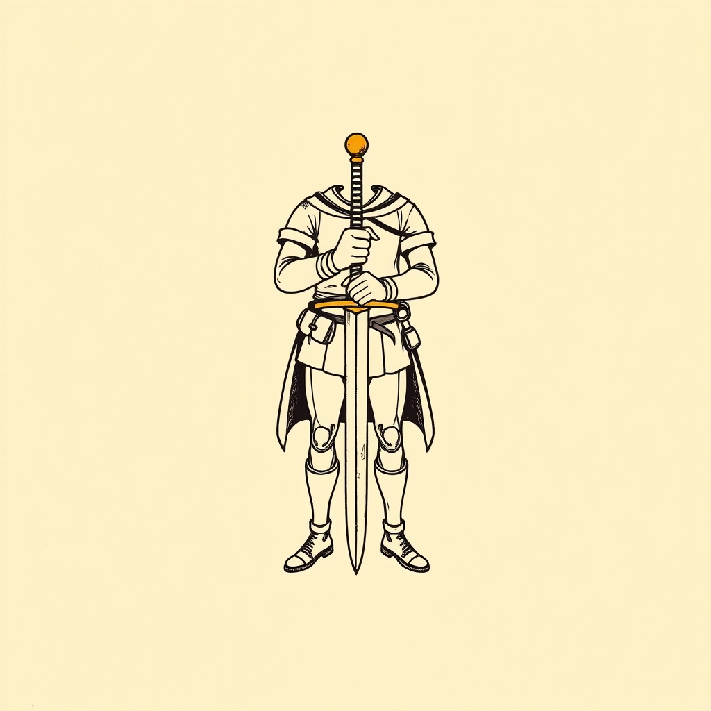 sword and spurs at his feet