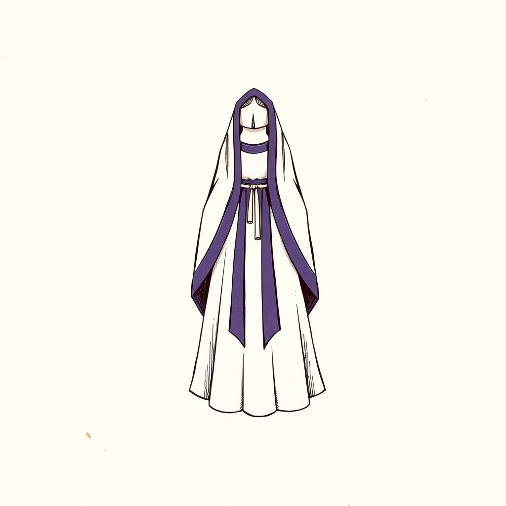 widow's clothing (white dress trimmed with purple, long veils)